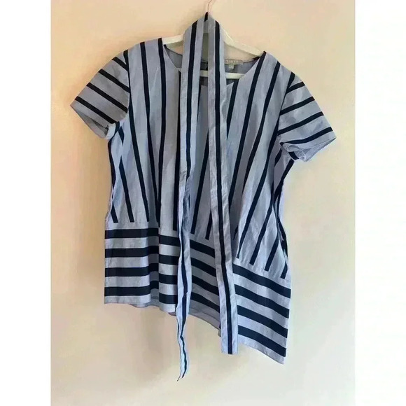 Ports 1961 100% Cotton Belted Asymmetrical Stripe Structured Blouse Size 4 - Picture 5 of 6